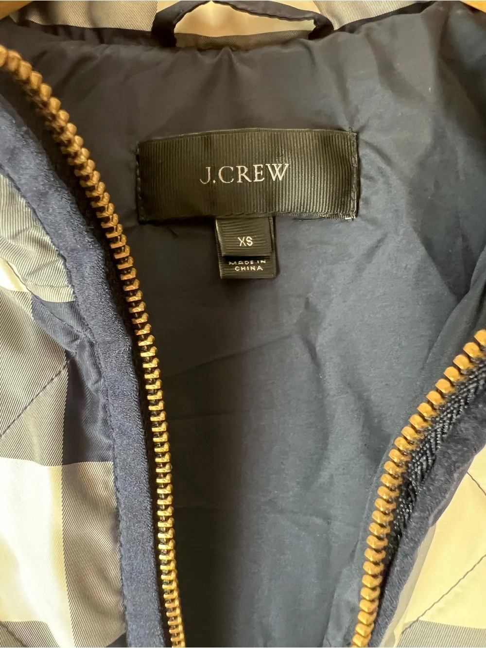 J.Crew Excursion Quilted Down Vest Navy Cream Buffalo Plaid